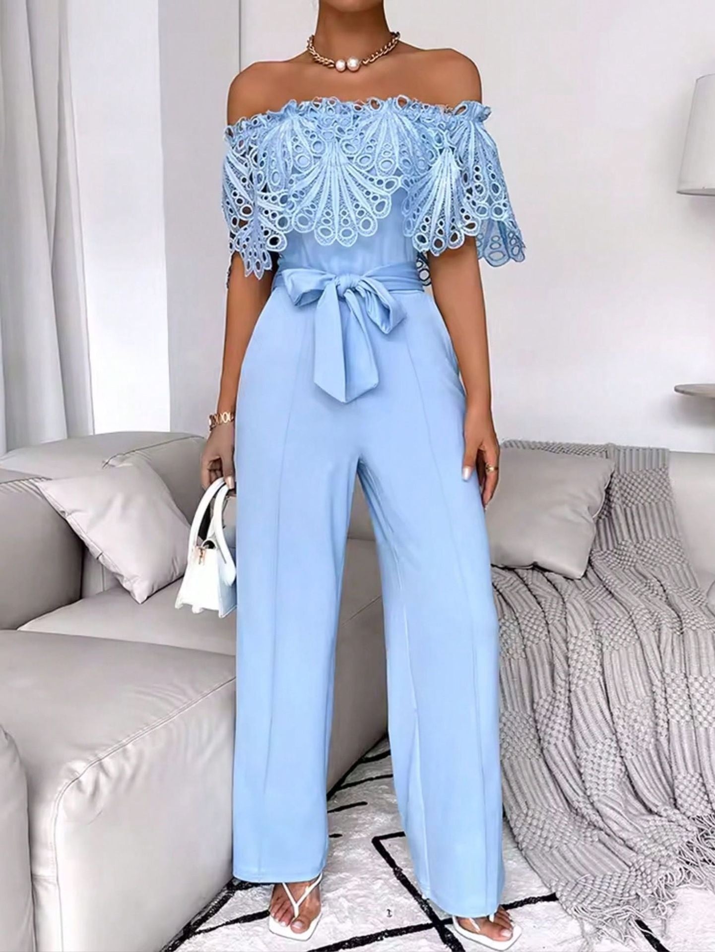 Womens Fashionable Sexy Off-Shoulder Jumpsuit With Ruffled Hem