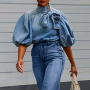 Women's Denim Puff Sleeve Blouse with Bow Tie