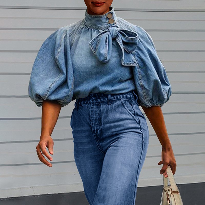 Women's Denim Puff Sleeve Blouse with Bow Tie