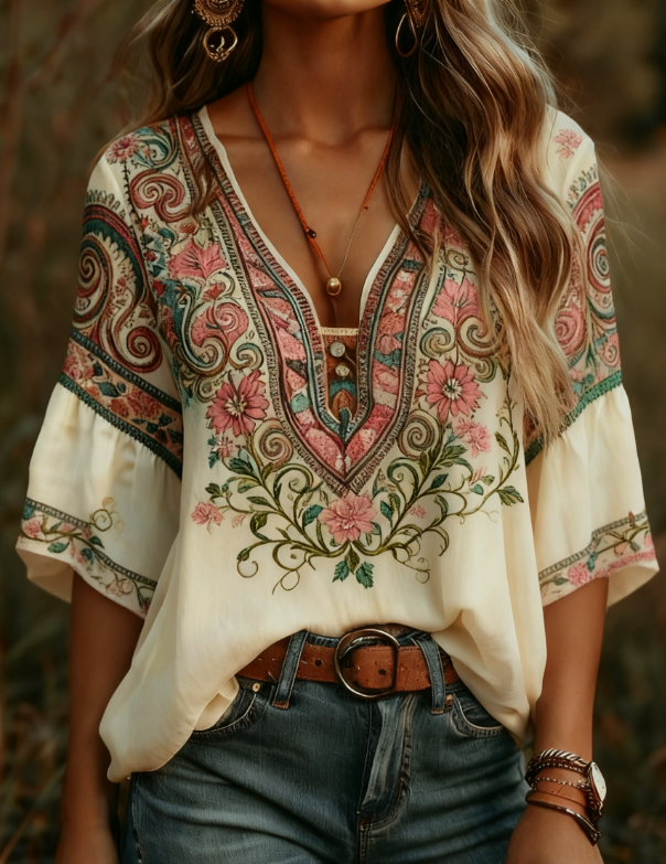 Bohemian Retro Floral Long-Sleeve T-Shirt