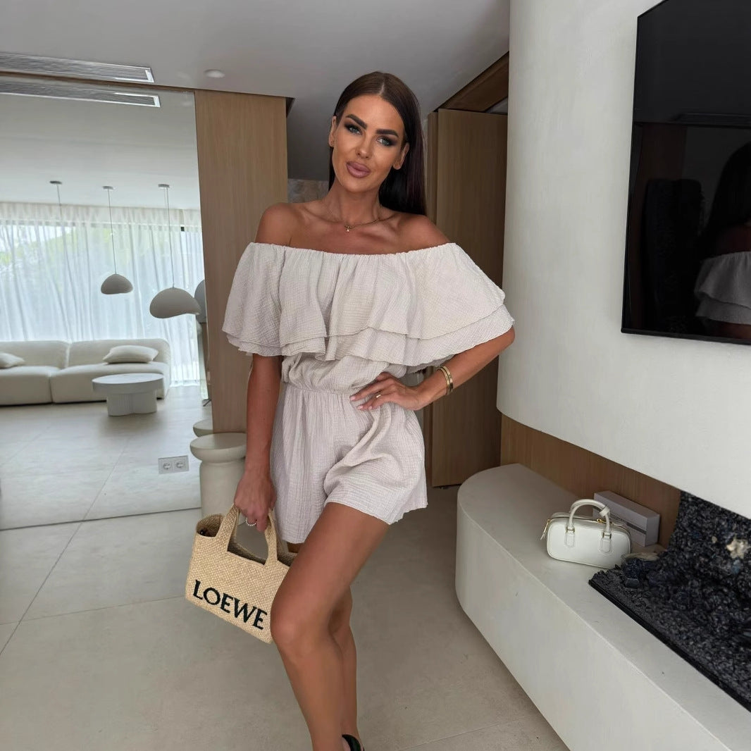 Solid-color Ruffled Off-shoulder Jumpsuit For Women