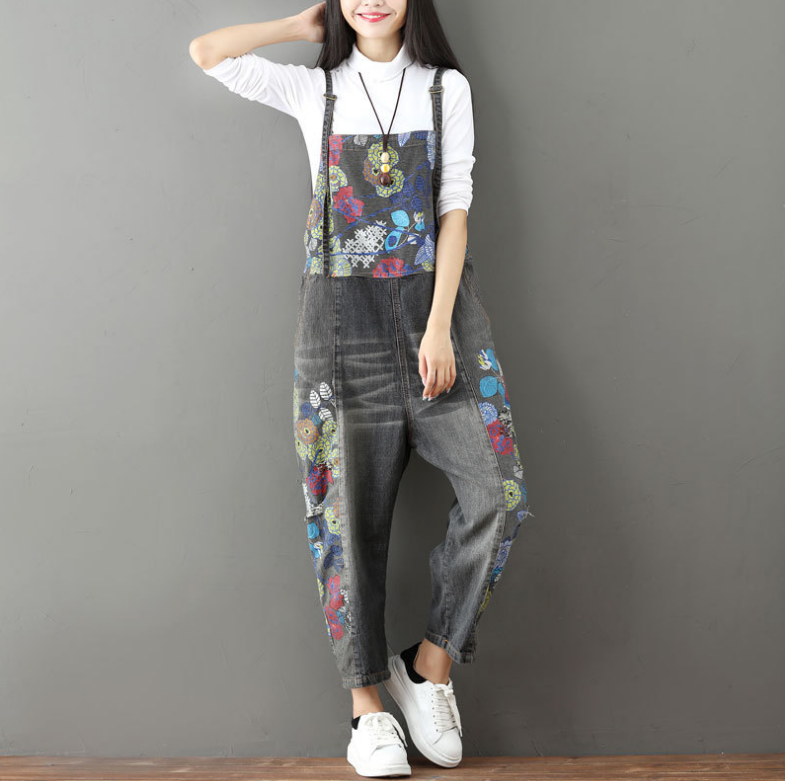 Plus Size Denim Overalls with Unique Print and Bib