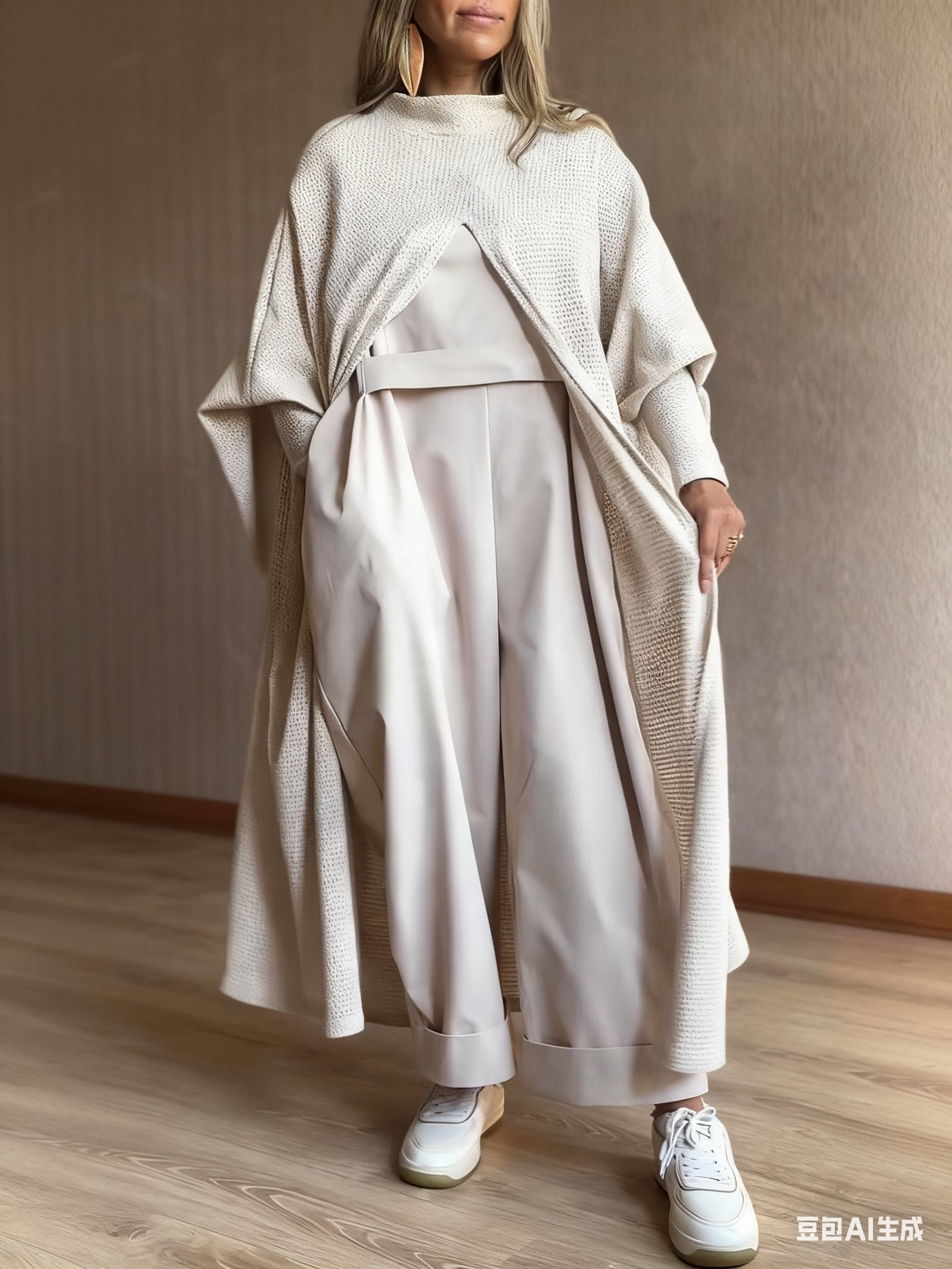 Beige Knit Hooded Longline Duster Top