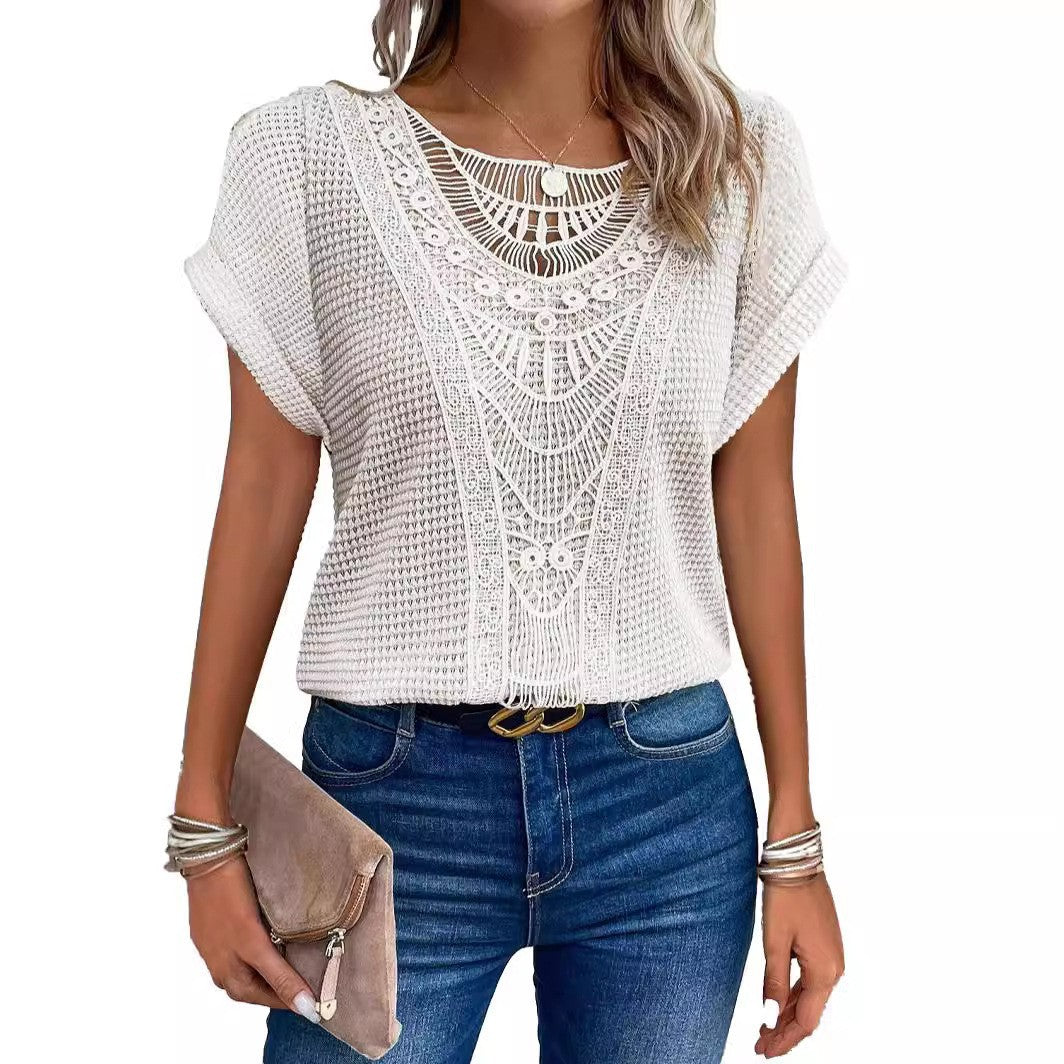 Independent Site Hollowed Lace Patchwork Plus-size Short-sleeve T-shirt Cross-border