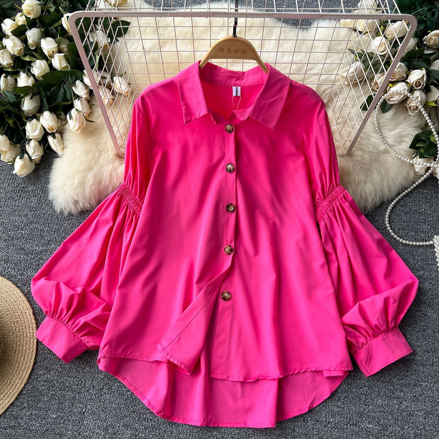 Pleated Lantern-sleeve Single-breasted Loose-fitting Versatile Shirt