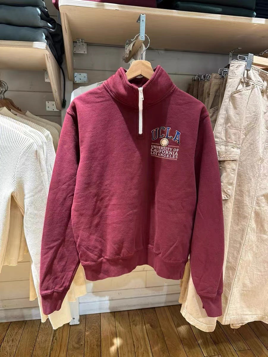 Wine Red Half-Zip Terry Pullover Sweater