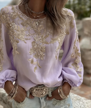 Vintage Rose Embroidered Puff Sleeve Top