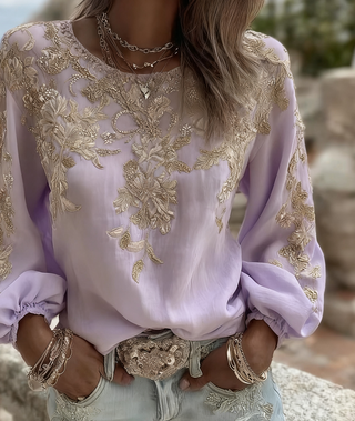 Vintage Rose Embroidered Puff Sleeve Top