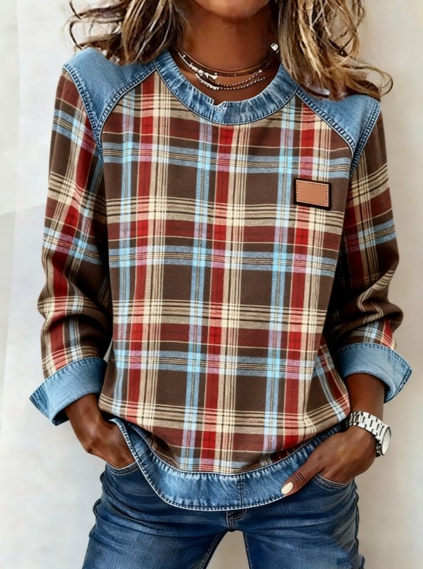 Plaid Denim Patchwork Long-Sleeve Casual Top