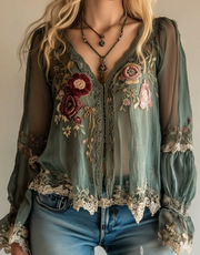 Floral Embroidered Lace V-Neck Long-Sleeve Top