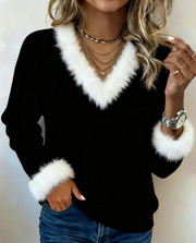 Plush Trim V-Neck Slim Fit Long-Sleeve Top