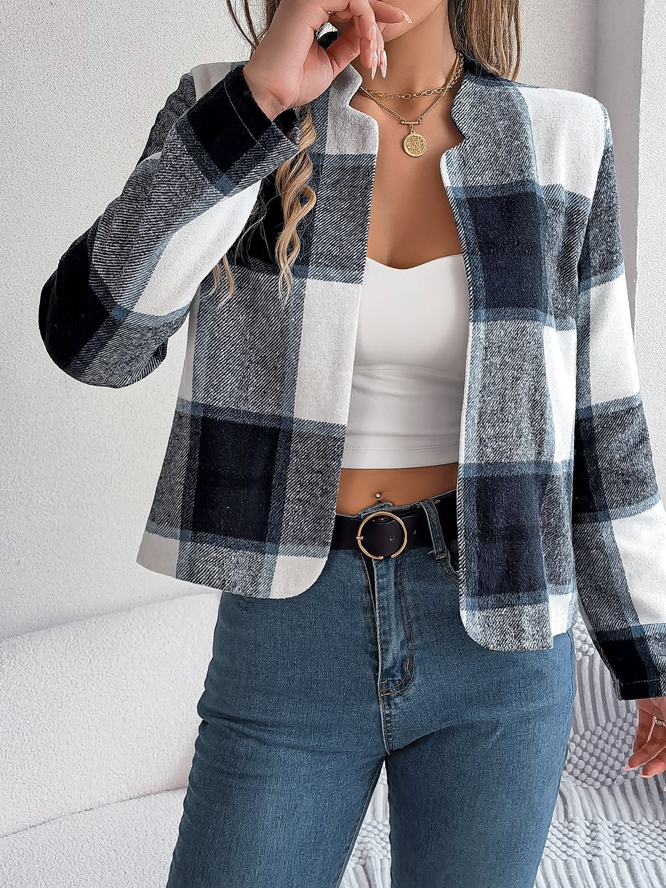 Women's Casual Plaid Tweed Long Sleeve Set