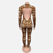 Womens Fashion Long-Sleeve Leopard-Print Jumpsuit