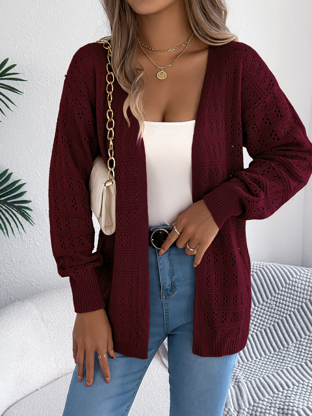 Women Solid Color Hollow Out Lantern Sleeve Long Sleeve Cardigan Sweater Coat