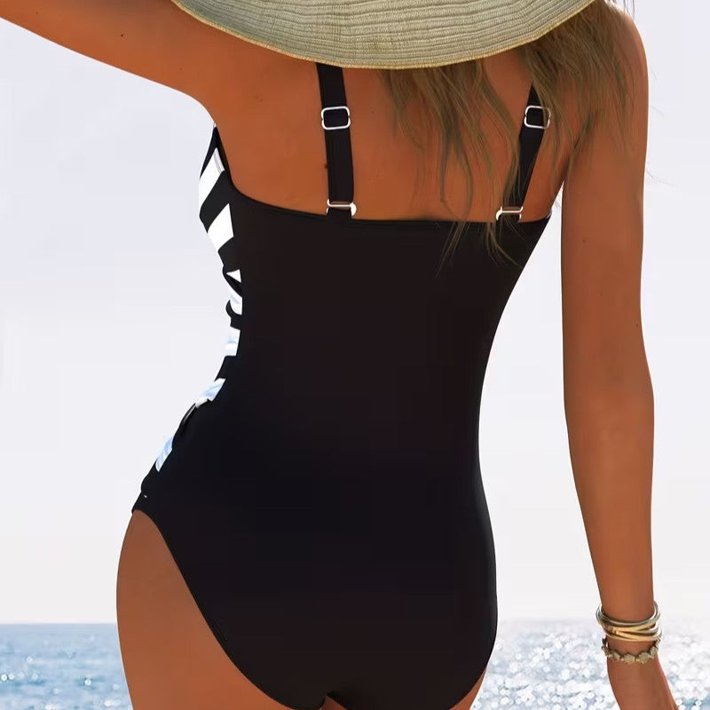 Modest Striped V-Neck One-Piece Swimsuit
