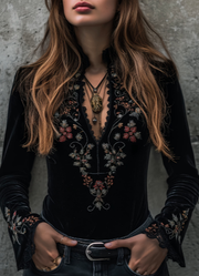 Vintage Embroidered V-Neck Long-Sleeve Top