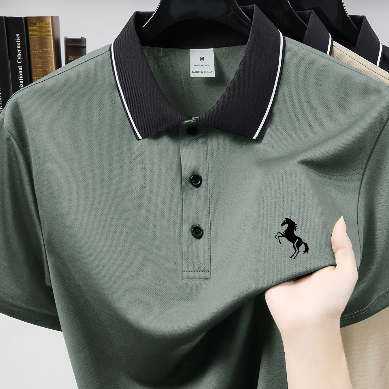 Men's Business Casual Short Sleeve Collared Shirt with Embroidered Prancing Horse Design