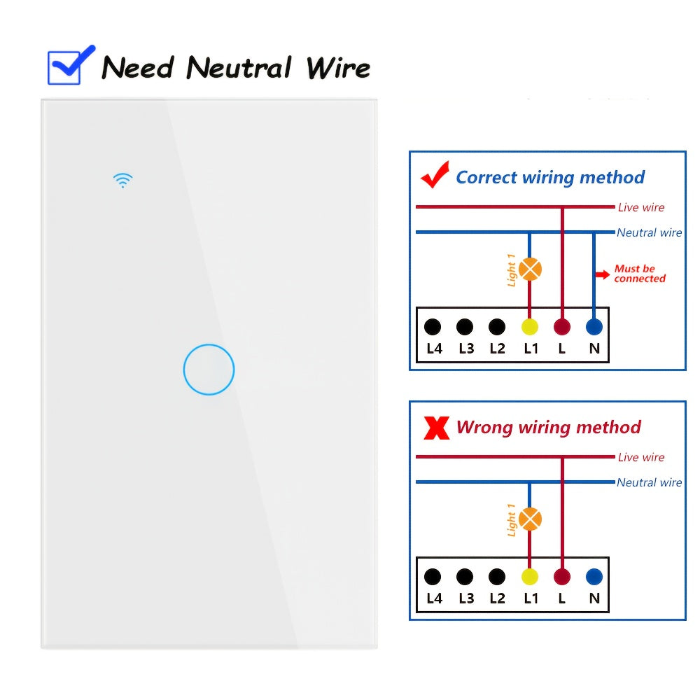 Premium Scratch‑Resistant Glass Smart Wall Switch – WiFi & Bluetooth Touch Screen, Voice Control, 1‑4 Gang, 600 W per Gang, Neutral Required