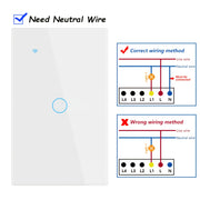 Premium Scratch‑Resistant Glass Smart Wall Switch – WiFi & Bluetooth Touch Screen, Voice Control, 1‑4 Gang, 600 W per Gang, Neutral Required