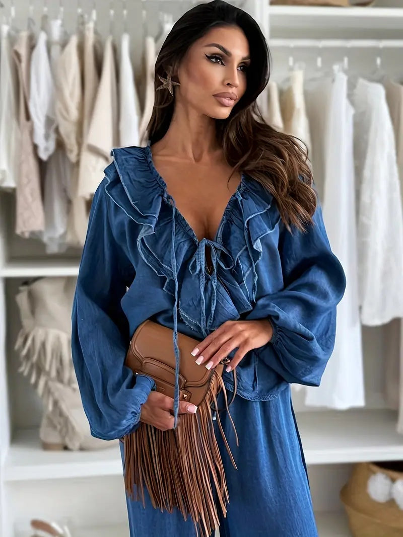 Retro Navy Blue Denim Two-Piece Set