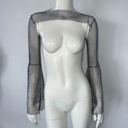 Sexy Rhinestone Fishnet Blouse with Adjustable Strap