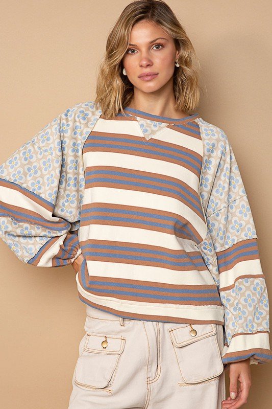 Women's Color Block Print Loose Long Sleeve Pullover Top
