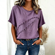 Short-Sleeve Cotton-Linen Shirt with Tassel Panel