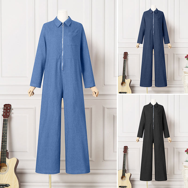 Women's Plus-Size Denim Jumpsuit with Zipper