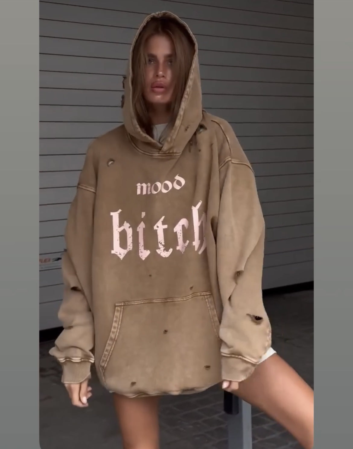 Washed Distressed Streetwear Hoodie for Women