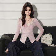 Chic V-Neck Fake Two-Piece Lace Long-Sleeve Top