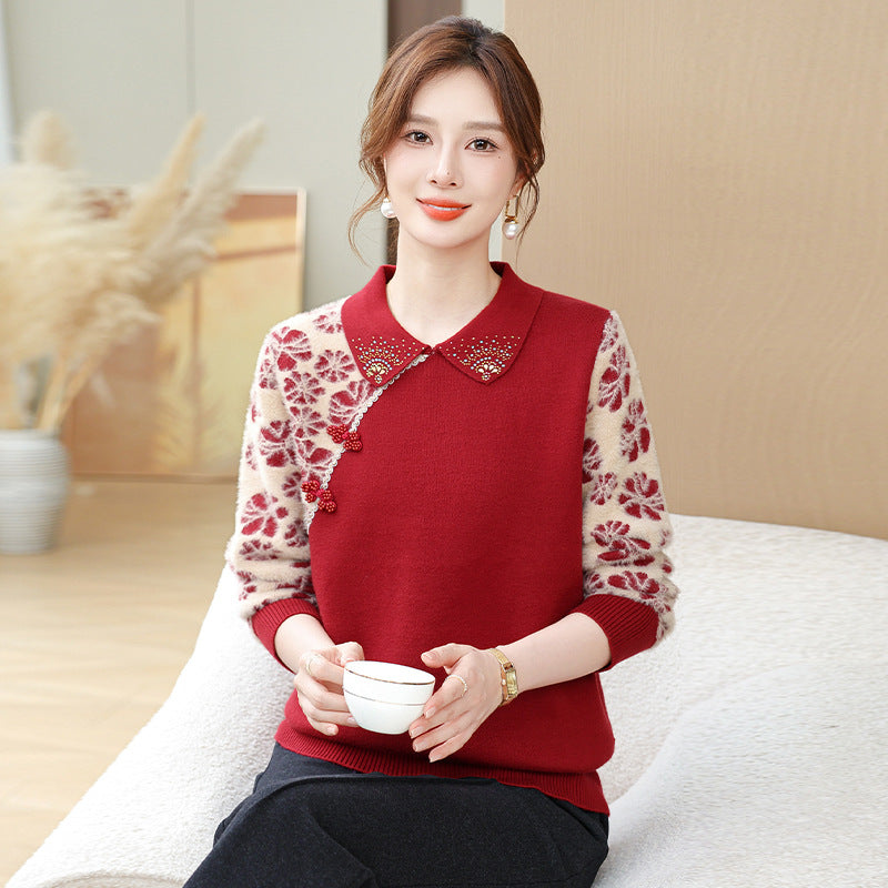 Womens Knitted Fleece Jacquard Polo-neck Sweater for Layering