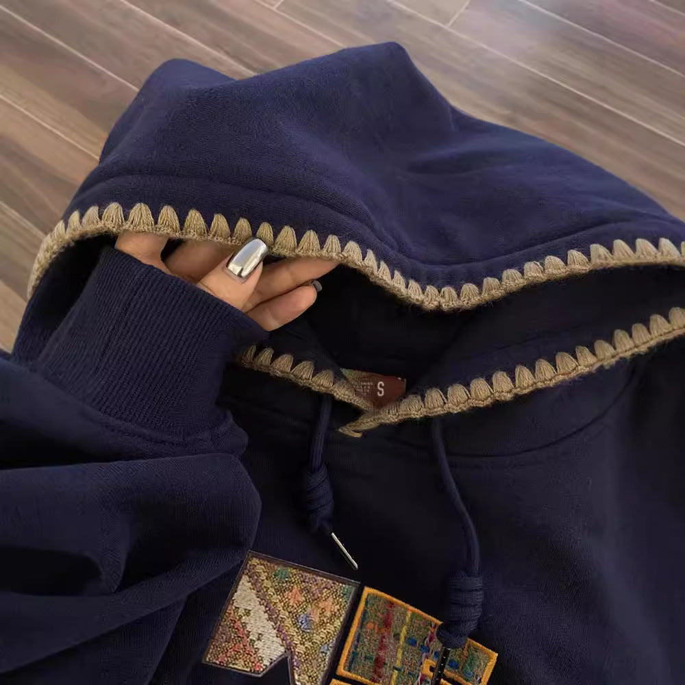Retro Ethnic Woven Patch Loose Hooded Sweater