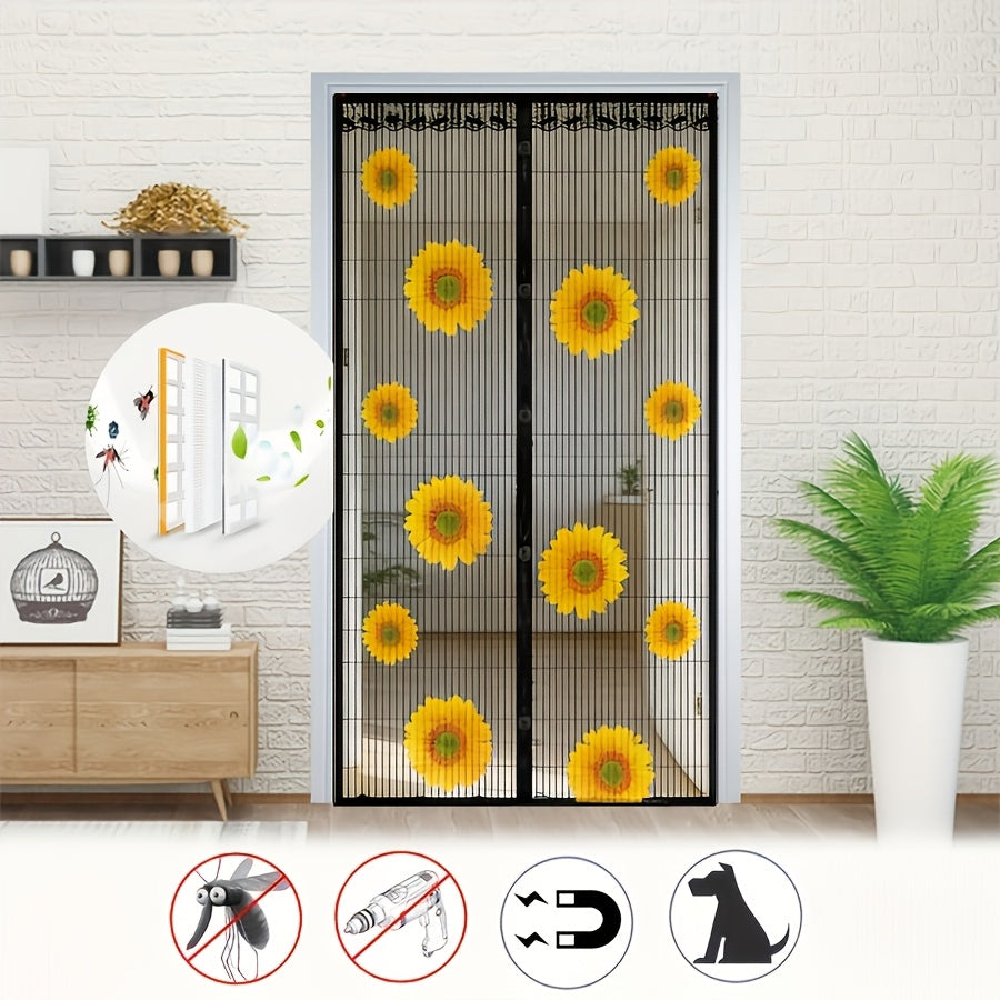 Magnetic Screen Door, Sunflower Print Mesh Curtain with Lace Edge, Hands-free Self-closing Insect Mosquito Net, Keep Bugs Out Pet Friendly, Fits Single Door for Home Patio Kitchen Doorway