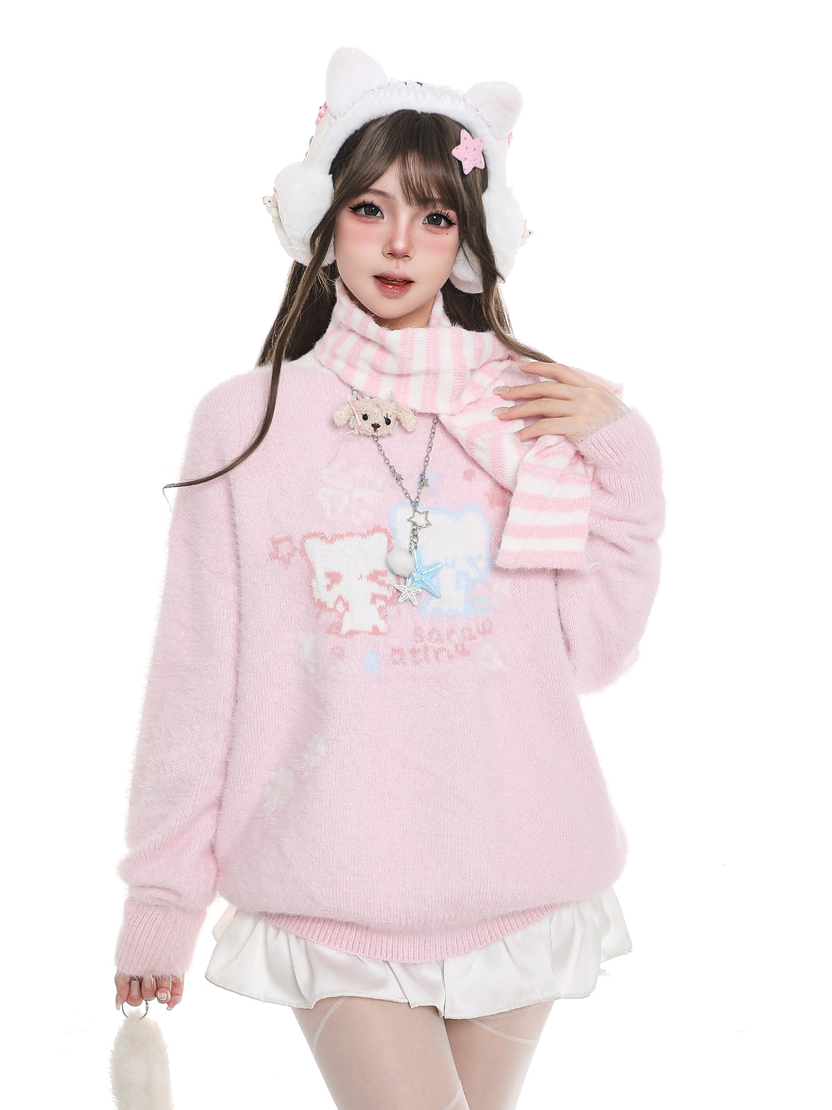 Cat Striped Scarf Sweater Loose Casual Sweater