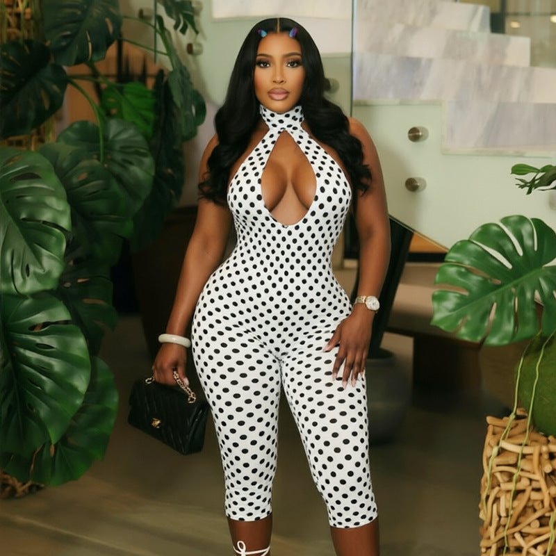 Womens Sexy Polka-dot Halterneck Three-quarter-length Jumpsuit