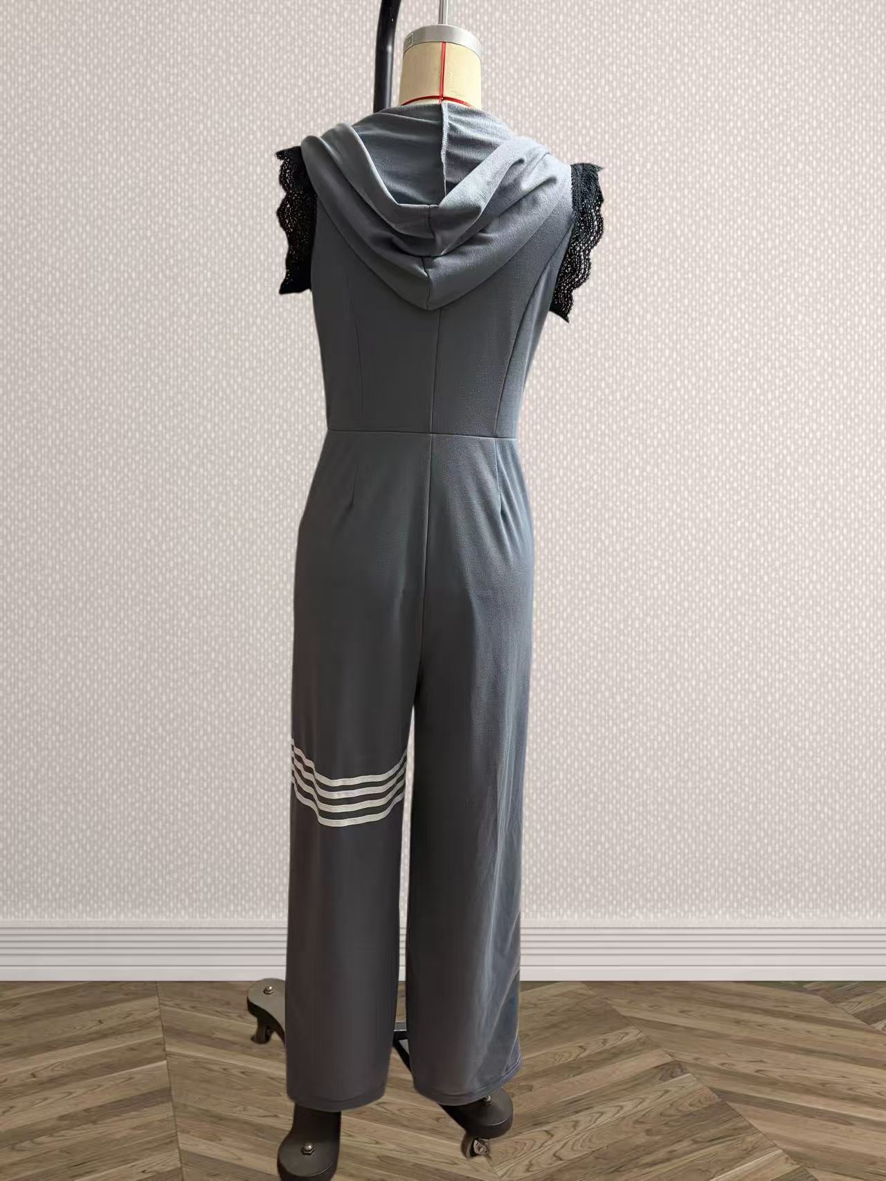 New Style Sporty Retro Lace Striped Sleeveless Hooded Jumpsuit