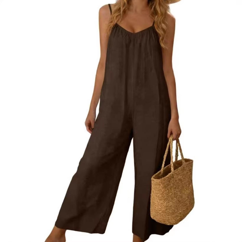 Casual Loose-Fit Pocket Overalls Adjustable Strap Jumpsuit