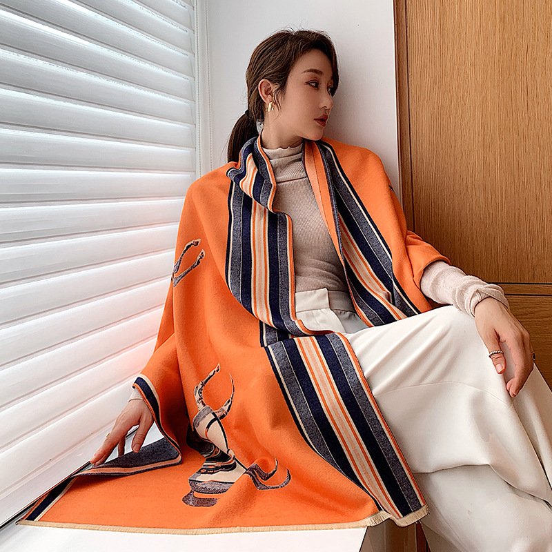 Warm Embroidered Tassel Scarf for Women