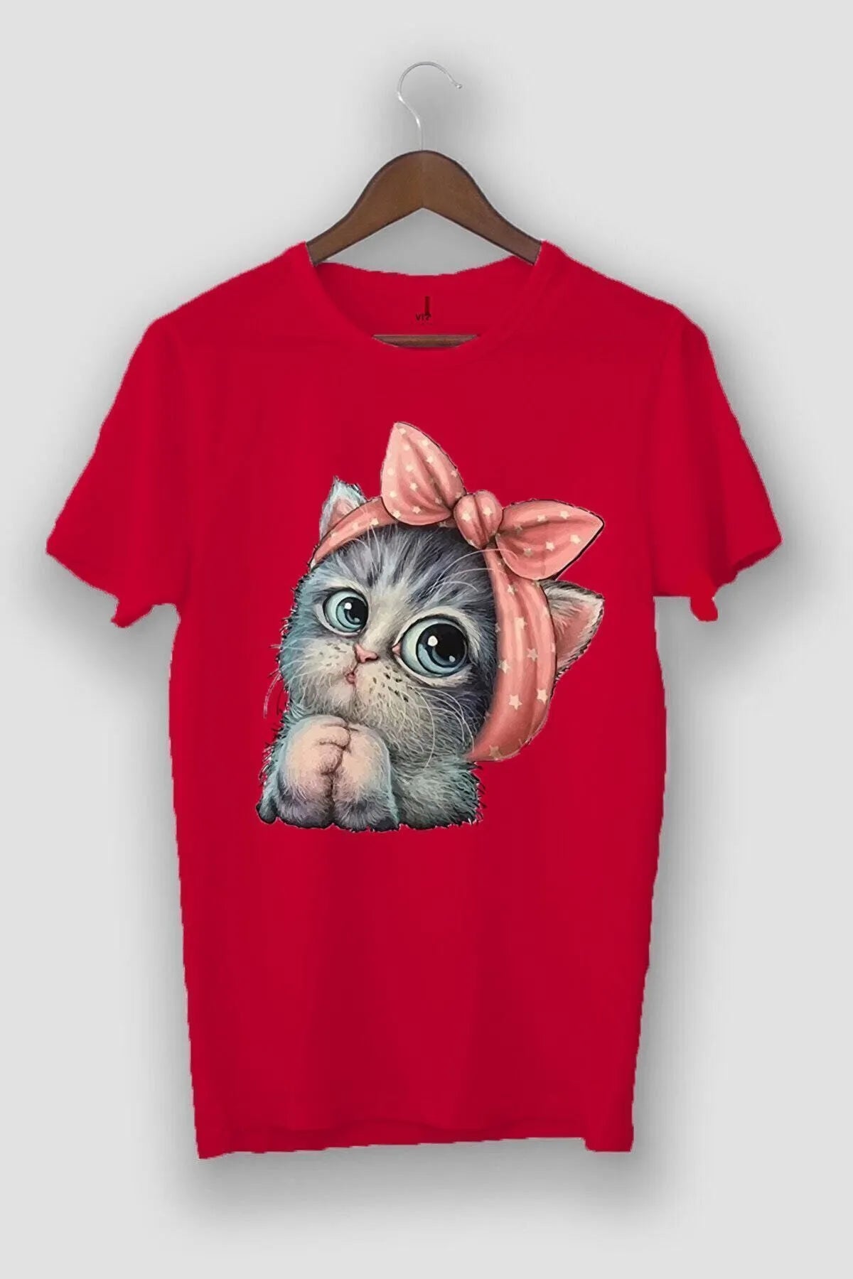 Griland Oversize Unisex Kırmızı Sevimli Minik Kedi Baskılı T-Shirt