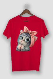 Griland Oversize Unisex Kırmızı Sevimli Minik Kedi Baskılı T-Shirt