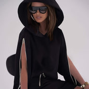 Plus Size Hooded Sweatshirt with Zipper and Pocket Details in Black