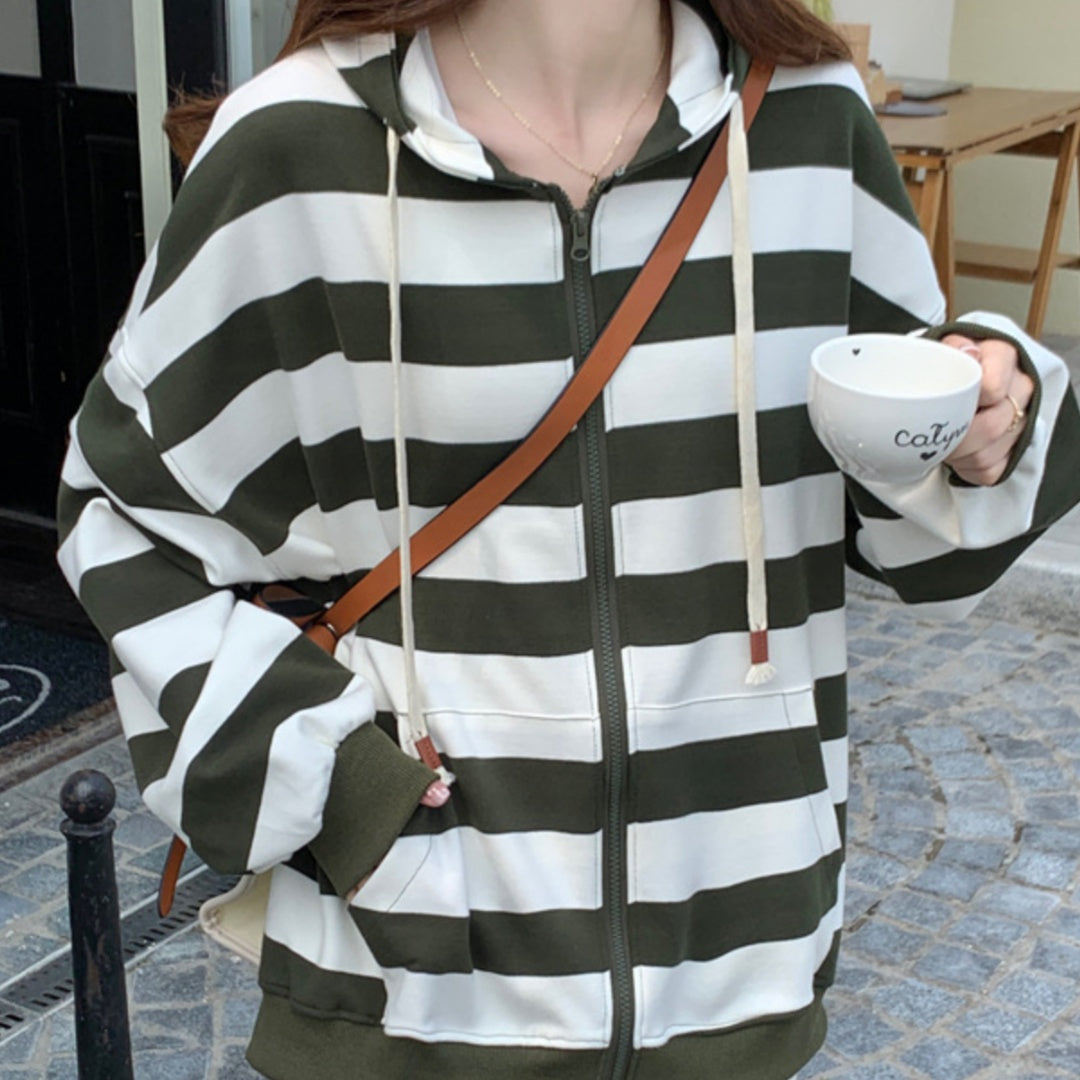 Women's Striped Hooded Zipper Cardigan Loose Sweater
