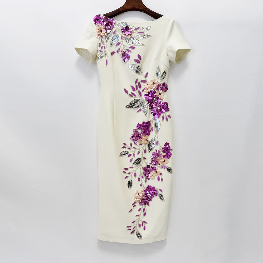 Three-dimensional Flower Beads Rhinestones Slim-fit Midi Dress