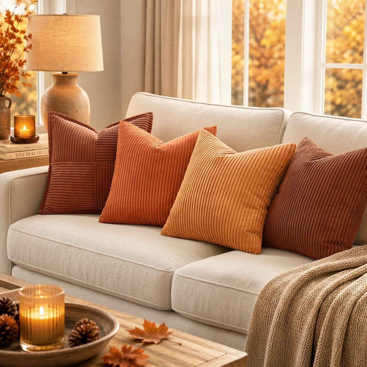 Fall Corduroy Throw Pillow Covers 2 Pack, 14x14 Inch Decorative Cushion Cases for Sofa, Couch, Bed and Home Decor, Orange