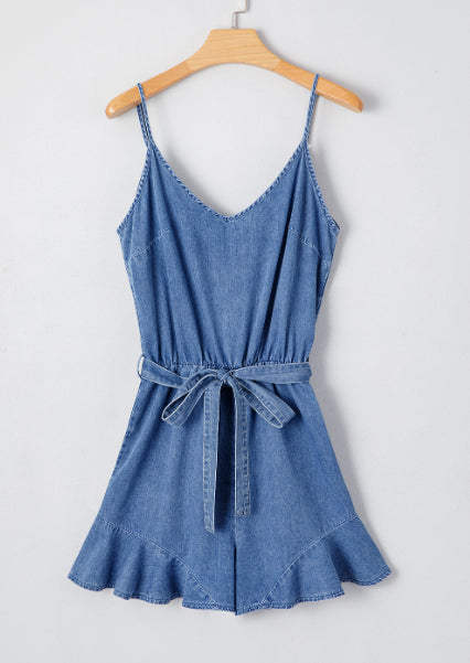 Blue V-Neck Ruffled Chambray Romper with Belt