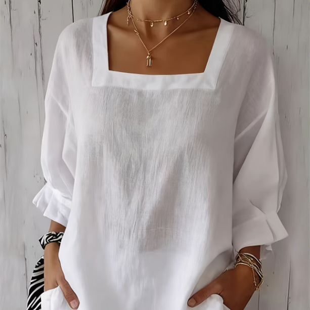 White Square Neck Half-Sleeve Pullover – Cozy Summer Tee