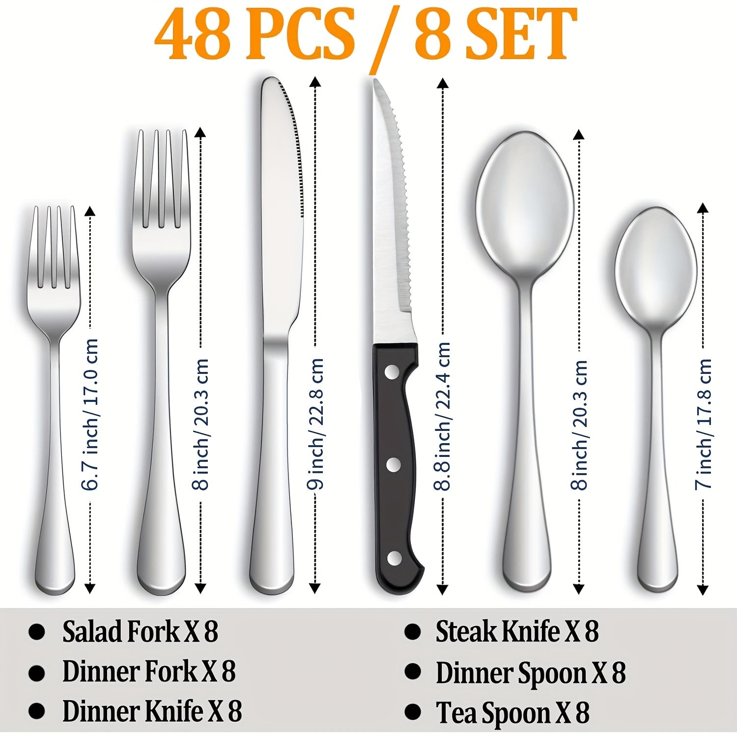 48-Piece Silverware Set With Steak Knives, Halloween Stainless Steel Flatware Cutlery Set, Eating Utensils For 8, Spoons Forks Knives For Home Kitchen, Simple Design & Mirror Finish, Dishwasher Safe