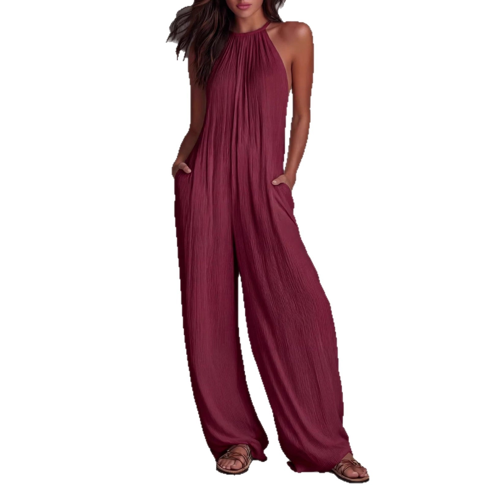 Chic Open-Back Pleated Wide-Leg Resort Jumpsuit