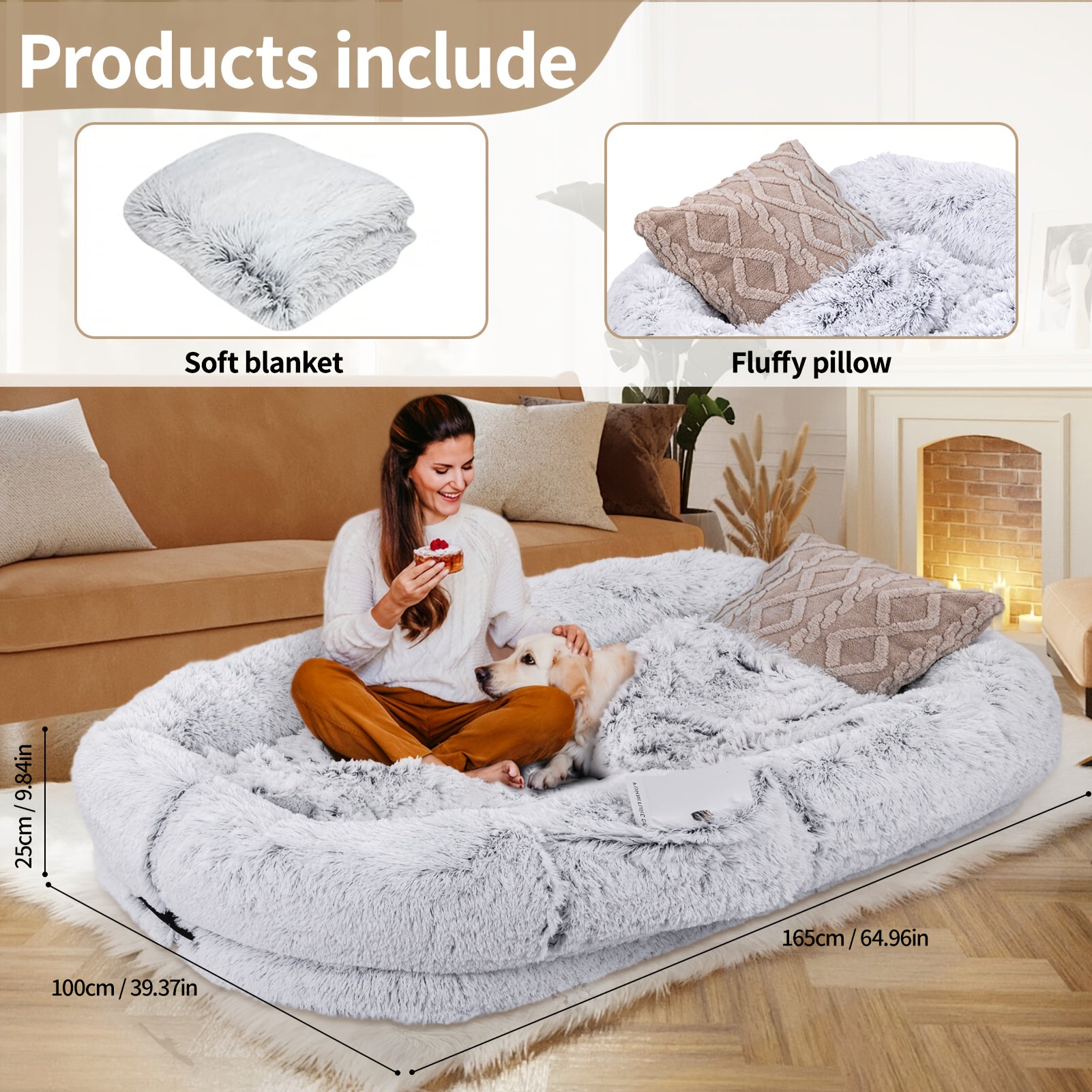 71"X45"X12" Orthopedic Dog Bed For Humans & Pets - Washable Faux Fur Oval Pet Bed With Plush Pillow & Strap, No Assembly Needed, Durable Polyester, Gray - Medium Dogs, Cozy Nap & Resting Spot, Pet...