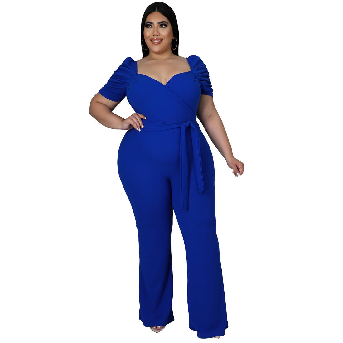 Women's Plus-Size Ruffle Sleeve High-Waist Wide-Leg Jumpsuit